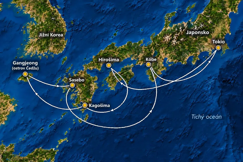 Mapa trasy plavby Jarní Japonsko na MSC Bellissima
