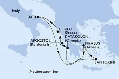 Mapa trasy plavby Řecké ostrovy a italské Bari